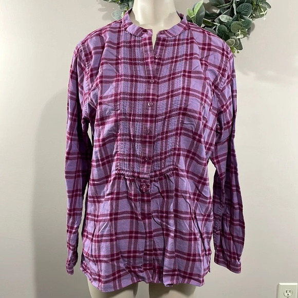 L.L. Bean Plaid Flannel Button Down Pleated Long Sleeve Top S - Picture 1 of 16